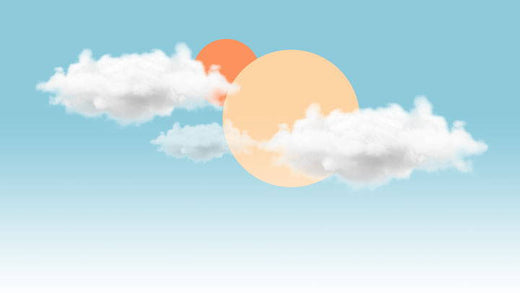A blue sky with a the Complement brand style of a yellow and orange circle.