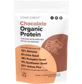 A white pouch labeled Complement Chocolate Organic Protein with graphics of chocolate squares and a list showing protein sources: 12% almond, 6% chia seed, 14% pumpkin seed, 11% sunflower seed, and 57% yellow pea.