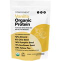 A bag of Complement Vanilla Organic Protein powder, highlighting its plant-based, vegan, gluten-free, and USDA organic. The blend includes almond, chia, pumpkin, sunflower, and yellow pea protein sources.