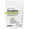 A white pouch labeled Complement Creatine advertises pure creatine monohydrate, with benefits like longevity, energy, brain health, muscle growth, and reproductive health. The bag is vegan, gluten-free, and flavorless.