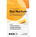 A pouch labeled “Complement Gut Nurture,” featuring ginger and lemon. The product is described as a daily prebiotic and postbiotic blend to support digestion, nutrient absorption, and microbiome diversity.