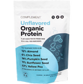 A white bag of Complement Unflavored Organic Protein powder, listing its ingredients and percentages: 12% almond, 6% chia seed, 14% pumpkin seed, 11% sunflower seed, and 57% yellow pea.