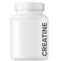 A plain white plastic supplement bottle with a white cap, featuring the word CREATINE in large vertical gray letters on the label.