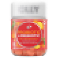 A plastic jar with a white lid containing orange gummy supplements. The label is red with fruit graphics and white text, but the text is not clearly readable.