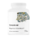 A white bottle of dietary supplements with a white label and a colorful abstract design; text on the label is blurred and not clearly readable.