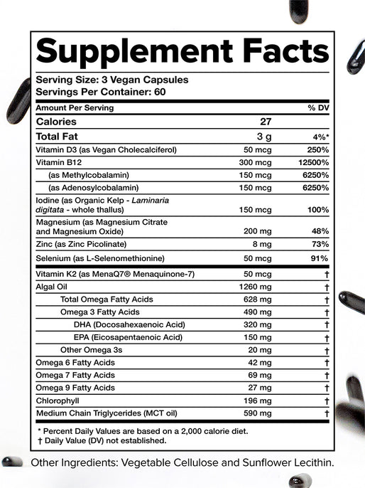 The Supplement Facts label for Complement® Essential plant-based vegan capsules details multivitamins, omega-3, D3, B12, iodine, magnesium, zinc, algal oil, and MCT oil, shown as black capsules on a white background.