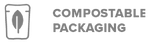 Icon of a leaf inside a packaging outline next to the text Compostable Packaging, indicating environmentally friendly, biodegradable materials.