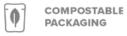 Icon of a leaf inside a packaging outline next to the text Compostable Packaging, indicating environmentally friendly, biodegradable materials.