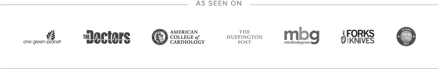 A banner displaying logos of various organizations and publications, including One Green Planet, The Doctors, American College of Cardiology, The Huffington Post, MindBodyGreen, Forks Over Knives, and another circular logo. Text reads As Seen On.