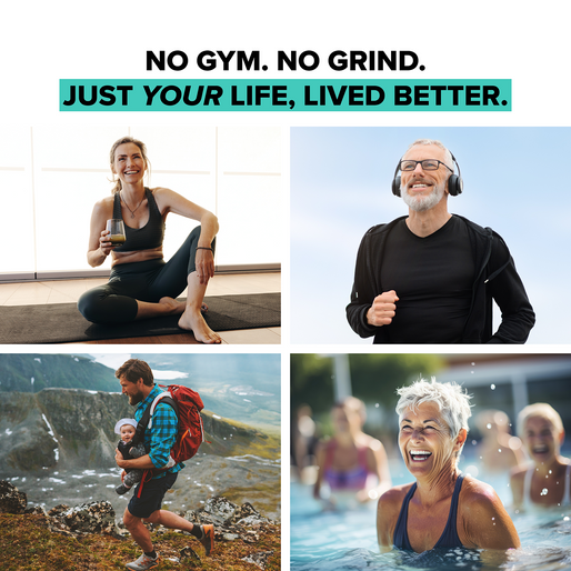 A collage of happy people being active—doing yoga, hiking, swimming, and more. Text above: No gym. No grind. Just sustainable fitness for your life with Longevity Fitness Blueprint by Complement.