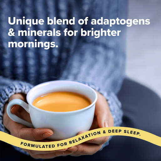 A person in a cozy blue sweater holds a cup of creamy coffee or tea. Text reads, Unique blend of adaptogens & minerals for brighter mornings. Bottom banner: Formulated for relaxation & deep sleep.