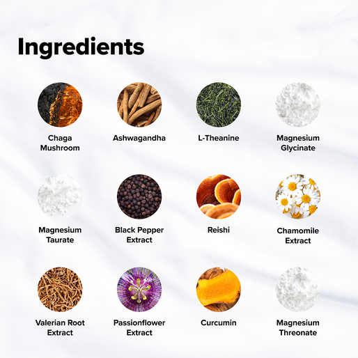 A grid of twelve circular images showing ingredients: Chaga mushroom, ashwagandha, L-theanine, magnesium glycinate, magnesium taurate, black pepper extract, reishi, chamomile extract, valerian root extract, passionflower extract, curcumin, and magnesium threonate.