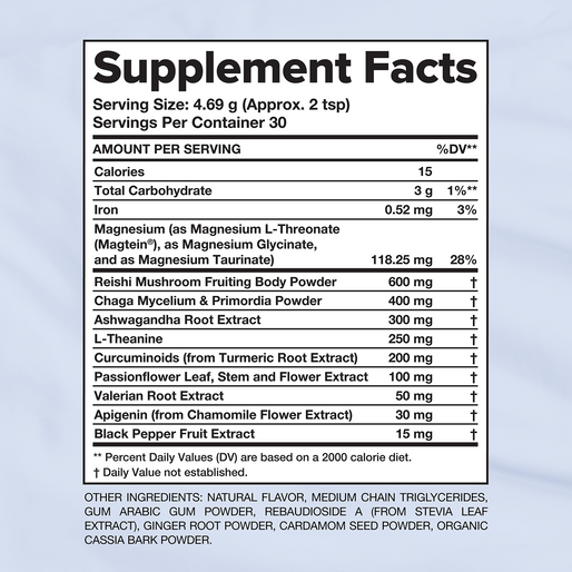 Supplement Facts label showing ingredients and daily values for a dietary supplement. Key ingredients include magnesium, reishi mushroom, L-theanine, valerian root, passionflower, curcumin, and apigenin per 4.69g serving.