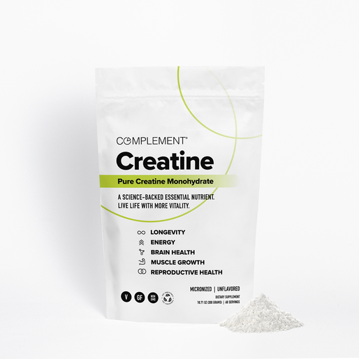 A white pouch labeled Complement Creatine with benefits like longevity, energy, brain health, muscle growth, and reproductive health, next to a small pile of white powder on a white background.