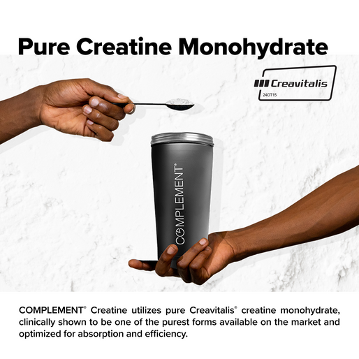 Two hands appear against a white background: one holds a spoonful of powder, and the other holds a gray shaker bottle labeled “COMPLEMENT.” Text reads Pure Creatine Monohydrate” and describes the product as pure and efficient.