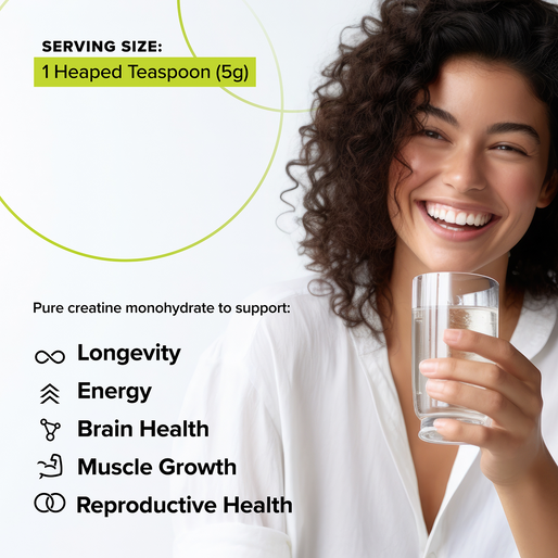 A smiling woman with curly hair holds a glass of water. Text highlights a serving size of 1 heaped teaspoon (5g) of creatine monohydrate to support longevity, energy, brain health, muscle growth, and reproductive health.