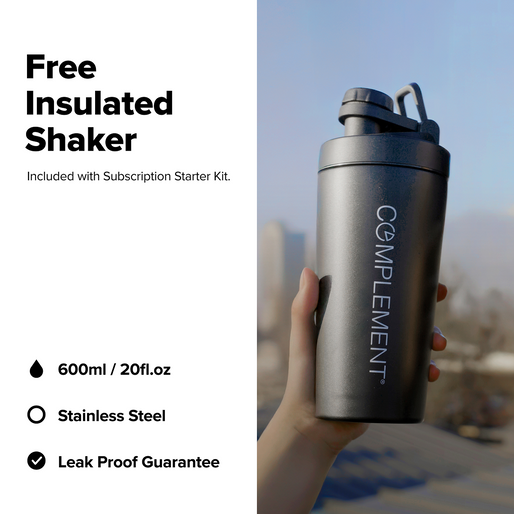A hand holds a black Complement shaker bottle outdoors. Text on the left reads: Free Insulated Shaker, listing features: 600ml/20fl.oz, stainless steel, and leak proof guarantee.
