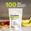 A pouch of Complement Creatine sits on a table near strawberries and bananas. Bold text above reads 100 Day Money-Back Guarantee with a green checkmark. The pouch lists benefits like energy, brain health, and muscle growth.