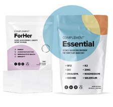 Two Complement supplement pouches: For Her focuses on energy and reproductive health, while Essential provides multinutrients like B12, K2, and magnesium for plant-based diets. Both bags have simple, modern designs.
