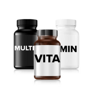 Three supplement bottles are displayed with labels partially showing the words MULTI and VITAMIN. The bottles are black, brown, and white, each with a different design, arranged on a plain white background.
