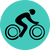 Black icon of a person riding a bicycle, wearing a helmet, on a teal circular background.
