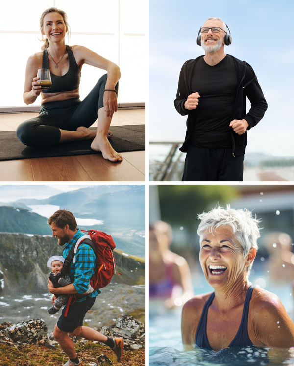 A collage of four people: a woman sitting on a yoga mat with a drink, a man jogging with headphones, a man hiking with a baby carrier, and an older woman laughing in a swimming pool.