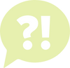 A lime green speech bubble contains a white interrobang, combining a question mark and an exclamation point.