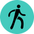 A simple black stick figure of a person walking, shown on a solid turquoise circular background.