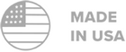 Gray icon with a stylized American flag inside a circle, featuring stripes and stars. Text to the right reads MADE IN USA in capital letters.