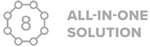 An abstract geometric design with the number 8, resembling a connected network, is on the left. On the right, the text reads ALL-IN-ONE SOLUTION in gray capital letters.