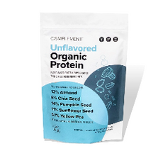 A white bag of Complement Unflavored Organic Protein, featuring illustrations of seeds and nuts. Contains 12% almond, 6% chia seed, 14% pumpkin seed, 11% sunflower seed, and 57% yellow pea protein.