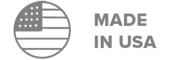 A circular icon with stylized American flag stripes next to the text MADE IN USA in gray.