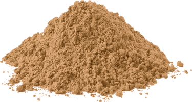 A pile of light brown powder is heaped against a plain white background. The texture appears fine, with some clumps visible on the surface.