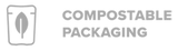 Icon of a package with a leaf inside, accompanied by the text COMPOSTABLE PACKAGING in gray.
