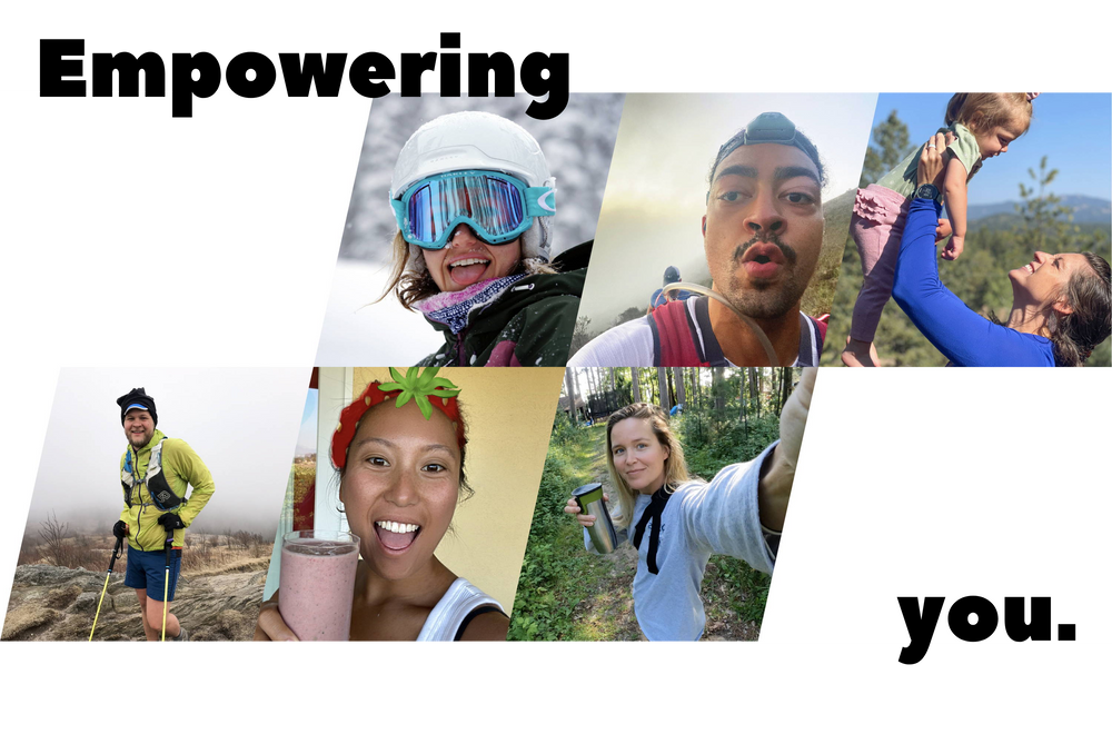 Collage of six people enjoying various outdoor activities: skiing, hiking, taking a selfie, lifting a child, holding a smoothie, and drinking coffee in nature. The text Empowering you. is partially visible on the image.