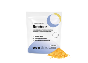 A white pouch labeled Complement Restore beside a small pile of yellow powder. The packaging highlights benefits such as deeper sleep, cellular recovery, and stronger rejuvenation, and features minimalist icons and a circular design.