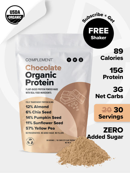 Image of a Complement Chocolate Organic Protein package with text highlighting features: plant-based, USDA organic, 89 calories, 15g protein, 3g net carbs, zero added sugar. Includes ingredients and offer for a free shaker with subscription. Powder shown.