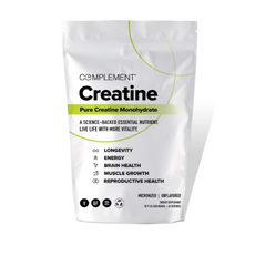 A white bag of Complement Creatine featuring text highlighting its benefits: longevity, energy, brain health, muscle growth, and reproductive health. The product is vegan, gluten-free, micronized, and unflavored.
