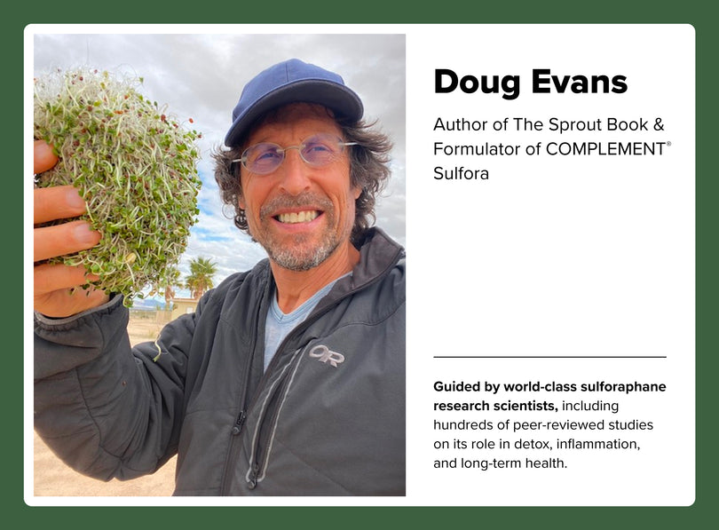 A man wearing glasses and a cap smiles while holding a large handful of sprouts outdoors. Text beside him introduces him as Doug Evans, author and formulator of a sulforaphane supplement.