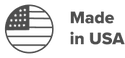 A black and white icon of a simplified American flag inside a circle, next to the text Made in USA.