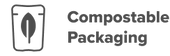 Icon of a leaf inside a packaging outline next to the text Compostable Packaging, indicating that the packaging is environmentally friendly and compostable.