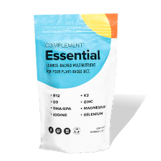 A package of Complement Essential vitamins. The text highlights nutrients such as B12, D3, DHA/EPA, Iodine, K2, Zinc, Magnesium, and Selenium. Designed for plant-based diets. The packaging features a colorful and minimalist design.