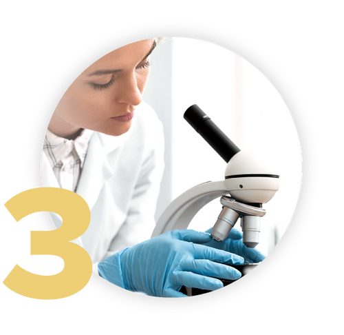 A person in a lab coat and blue gloves is examining a microscope. A large yellow number three is overlaid on the images left side.