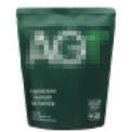 A dark green resealable pouch with large white and green letters “AG1” on the front, suggesting a health or nutrition supplement. The text is partially pixelated and unreadable.