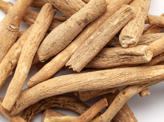 A close-up of several dried, light brown ashwagandha roots, showing their rough, textured surfaces and irregular, cylindrical shapes.