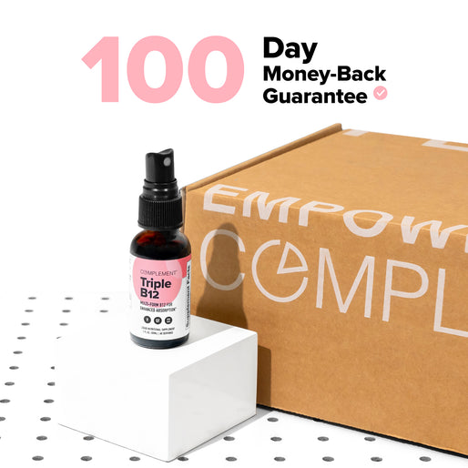A bottle labeled Complement Triple B12 sits on a white block next to a brown Empowered Complete box. Text above reads 100 Day Money-Back Guarantee with a pink checkmark. The background is white with black dots.