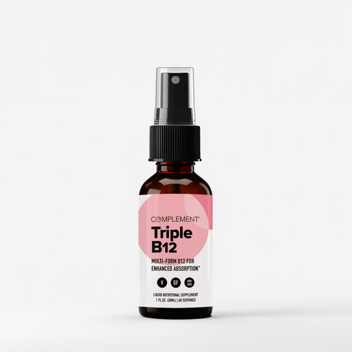 A brown glass spray bottle labeled Complement Triple B12 with a black spray top, designed as a liquid nutritional supplement for enhanced B12 absorption, is shown against a plain white background.