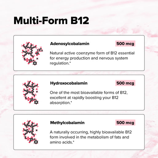 Infographic titled “Multi-Form B12” showing three forms of B12: Adenosylcobalamin, Hydroxocobalamin, and Methylcobalamin, each with structure images and “500 mcg” labels in pink boxes.