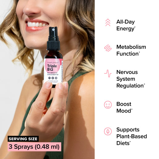 A smiling woman holds a bottle labeled “Triple B12” spray. Text highlights benefits: all-day energy, metabolism, nervous system regulation, mood boost, supports plant-based diets. Serving size: 3 sprays (0.48 ml).