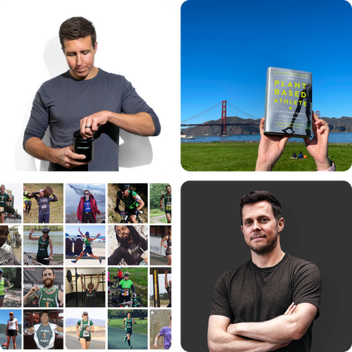 Collage of four images: man opening a container, hands holding a book titled Plant-Based Athlete by a bridge, a grid of athletic photos featuring various runners, and a man with arms crossed against a plain backdrop.